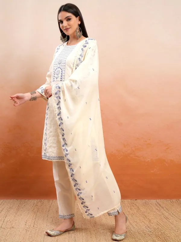Vishudh Women Cream Embroidered Kurta With Trousers And Dupatta