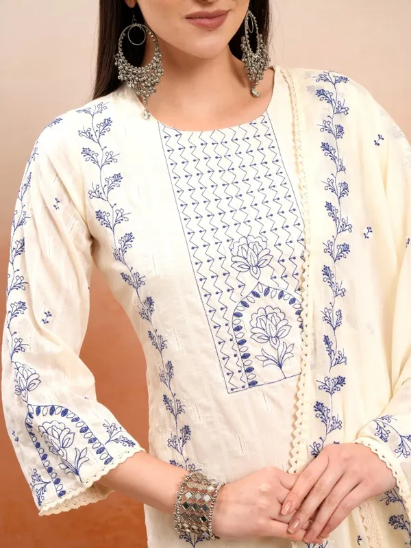 Vishudh Women Cream Embroidered Kurta With Trousers And Dupatta