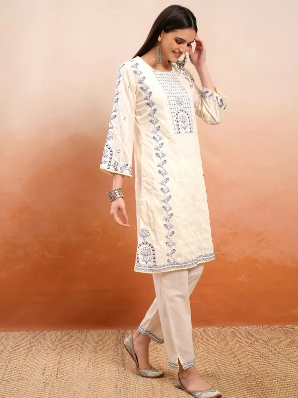 Vishudh Women Cream Embroidered Kurta With Trousers And Dupatta