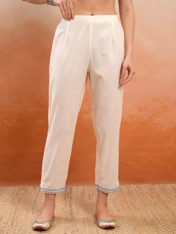 Vishudh Women Cream Embroidered Kurta With Trousers And Dupatta