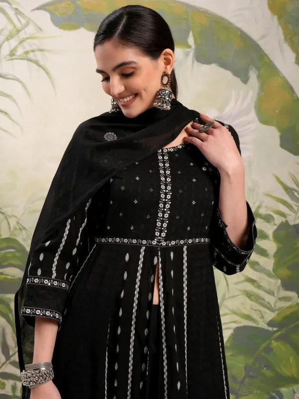 Vishudh Women Black Embroidered Kurta With Trousers And Dupatta