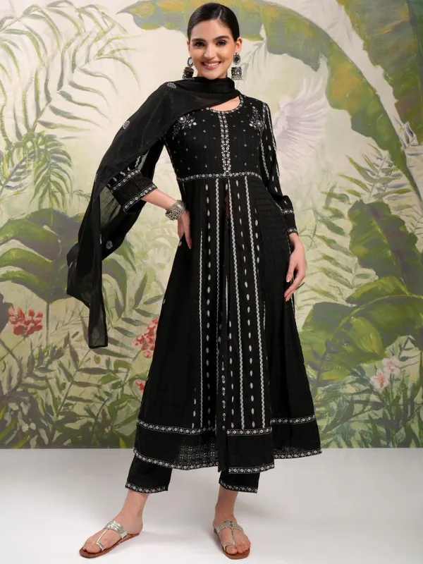 Vishudh Women Black Embroidered Kurta With Trousers And Dupatta