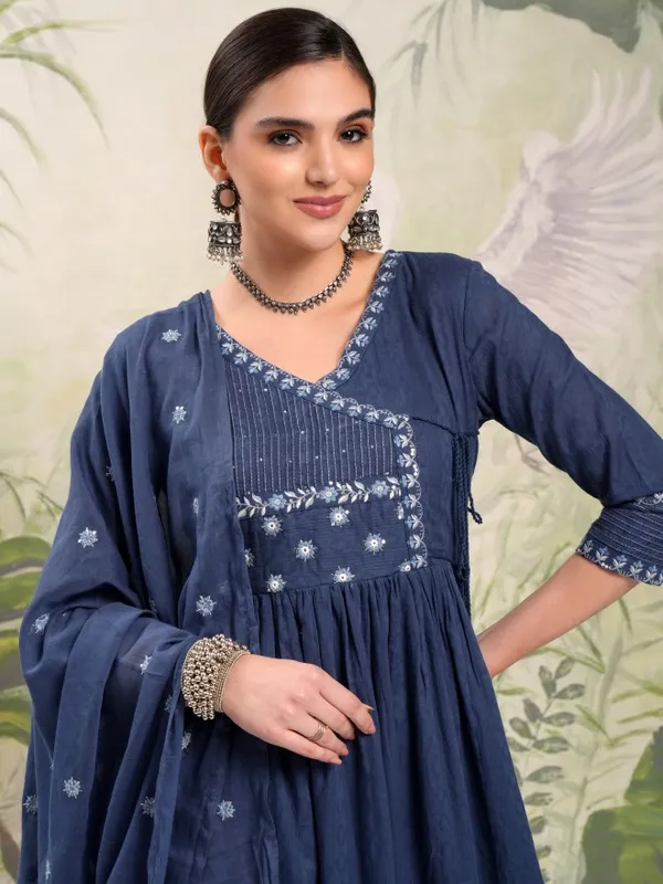 Vishudh Women Blue Embroidered Kurta With Trousers And Dupatta