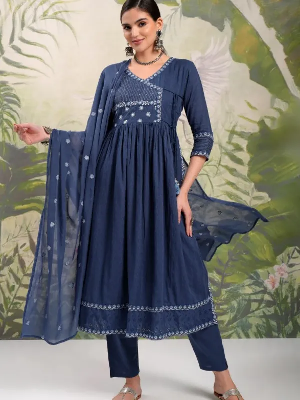 Vishudh Women Blue Embroidered Kurta With Trousers And Dupatta