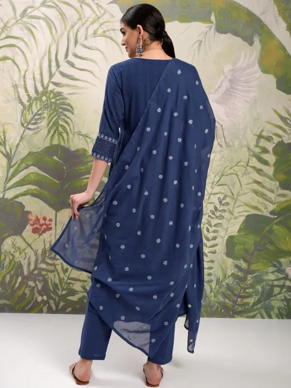 Vishudh Women Blue Embroidered Kurta With Trousers And Dupatta