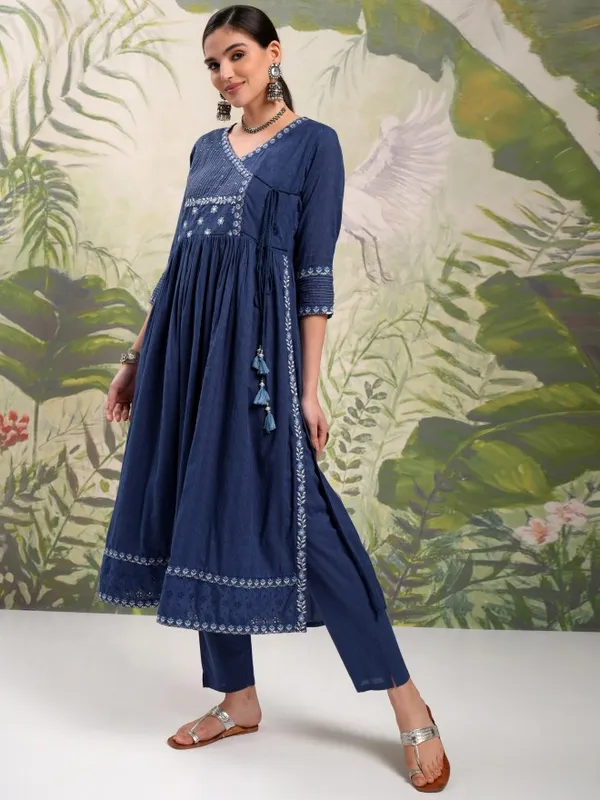 Vishudh Women Blue Embroidered Kurta With Trousers And Dupatta