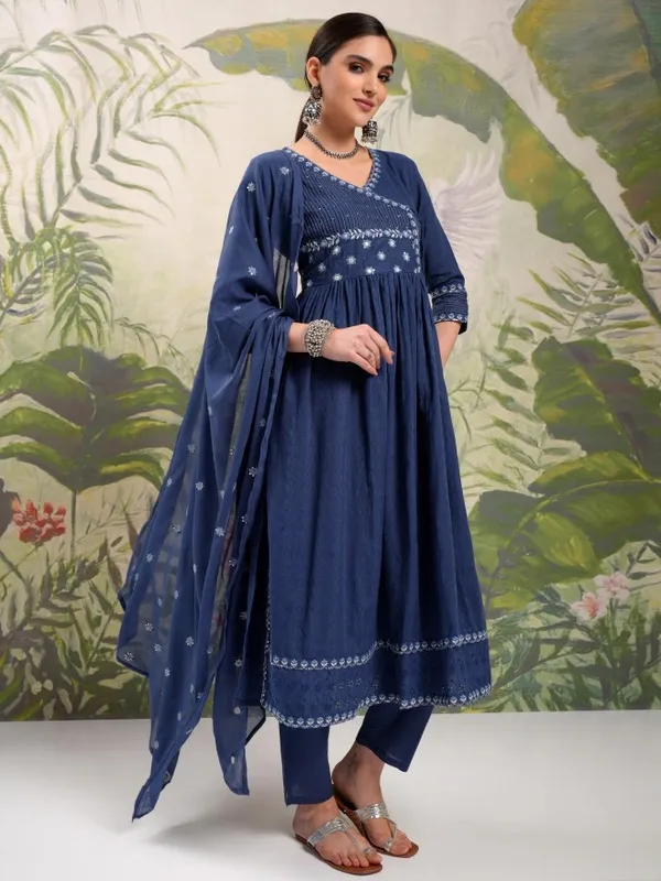 Vishudh Women Blue Embroidered Kurta With Trousers And Dupatta