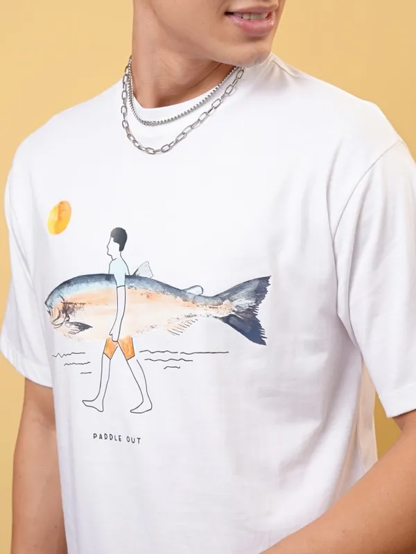 Locomotive Men White Printed Round Neck T-Shirt