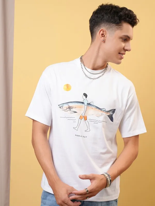 Locomotive Premium Men White Round Neck Half Sleeve Relaxed Drop Shoulder T-Shirt