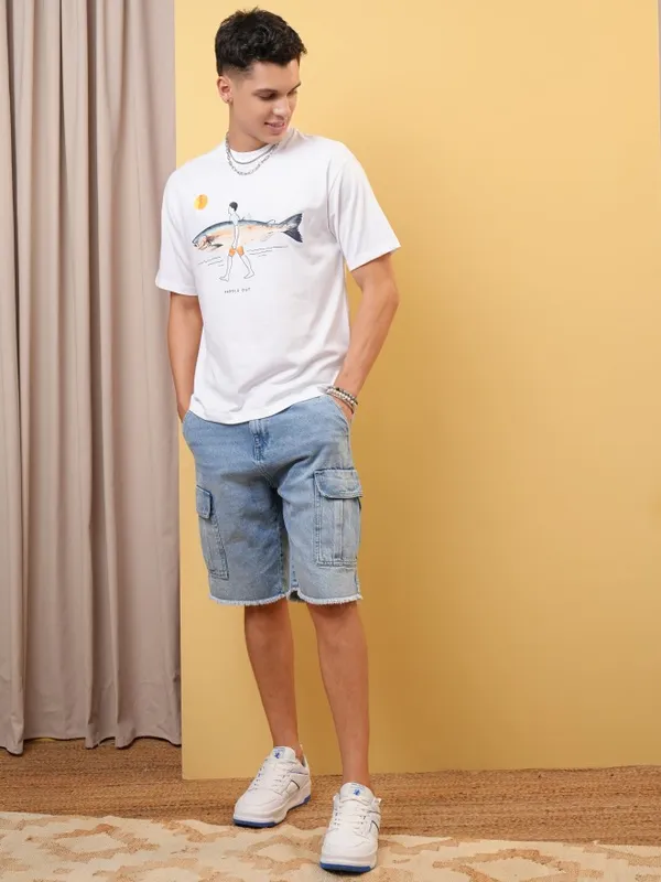 Locomotive Premium Men White Round Neck Half Sleeve Relaxed Drop Shoulder T-Shirt