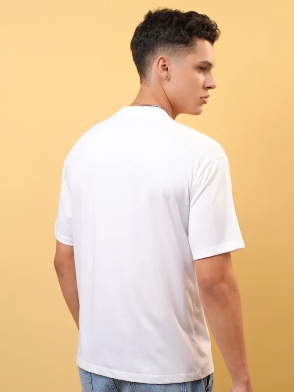 Locomotive Premium Men White Round Neck Half Sleeve Relaxed Drop Shoulder T-Shirt