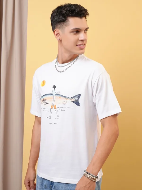 Locomotive Premium Men White Round Neck Half Sleeve Relaxed Drop Shoulder T-Shirt