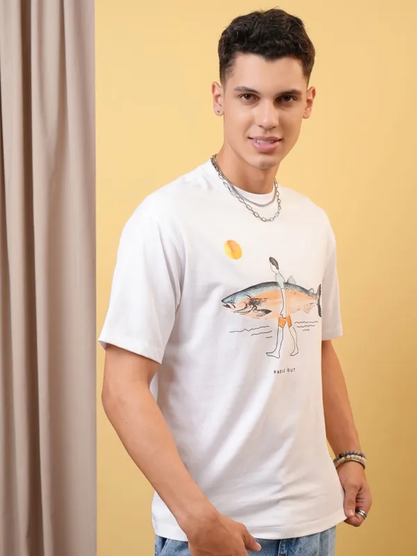 Locomotive Premium Men White Round Neck Half Sleeve Relaxed Drop Shoulder T-Shirt