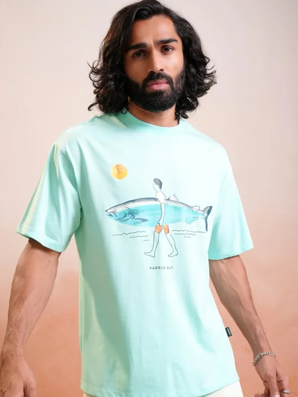 Locomotive Premium Sea Green Round Neck Half Sleeve Relaxed Drop Shoulder T-Shirt