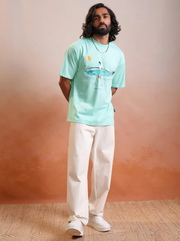 Locomotive Premium Sea Green Round Neck Half Sleeve Relaxed Drop Shoulder T-Shirt
