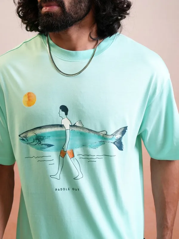 Locomotive Premium Sea Green Round Neck Half Sleeve Relaxed Drop Shoulder T-Shirt
