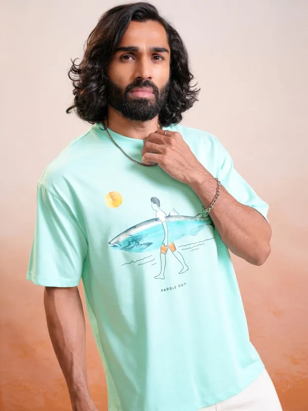 Locomotive Premium Sea Green Round Neck Half Sleeve Relaxed Drop Shoulder T-Shirt