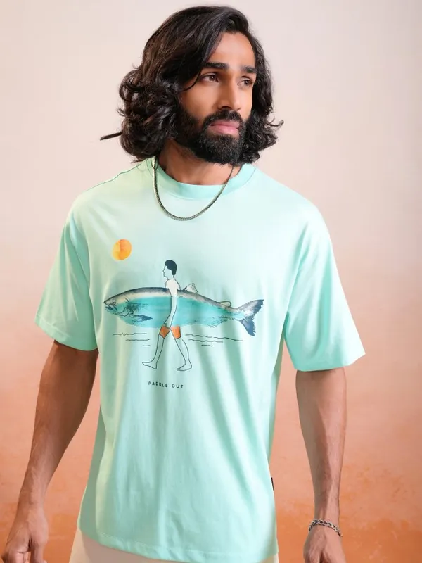 Locomotive Premium Sea Green Round Neck Half Sleeve Relaxed Drop Shoulder T-Shirt