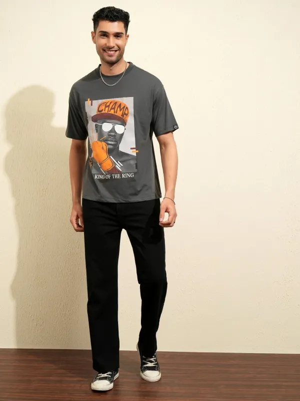 Locomotive Men Grey Printed Round Neck T-Shirt