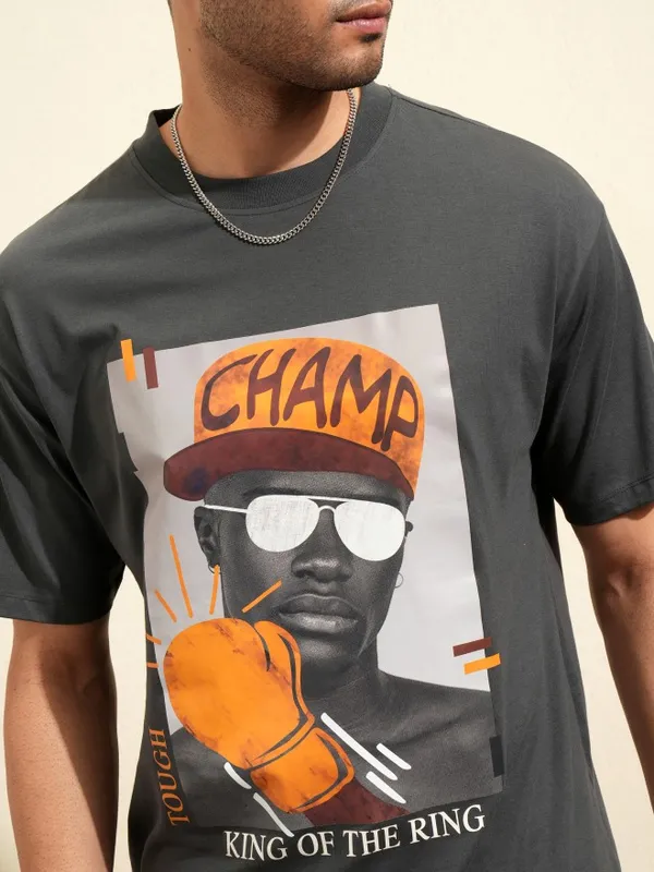 Locomotive Men Grey Printed Round Neck T-Shirt