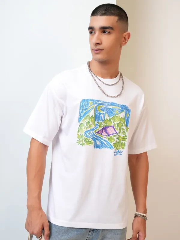  Highlander Men White Printed Round Neck T-Shirts