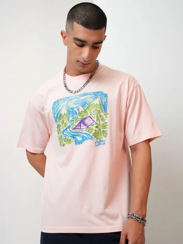  Highlander Men Peach Printed Round Neck T-Shirts