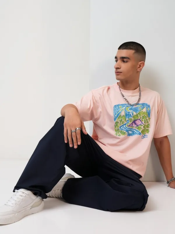  Highlander Men Peach Printed Round Neck T-Shirts