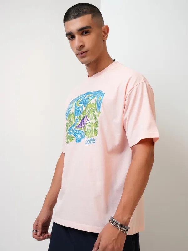  Highlander Men Peach Printed Round Neck T-Shirts