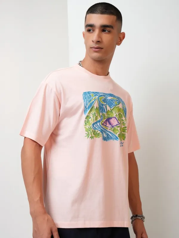  Highlander Men Peach Printed Round Neck T-Shirts