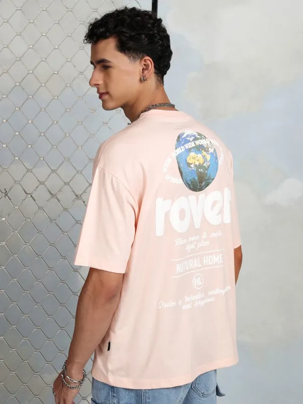 Highlander Men Peach Printed Round Neck T-Shirt