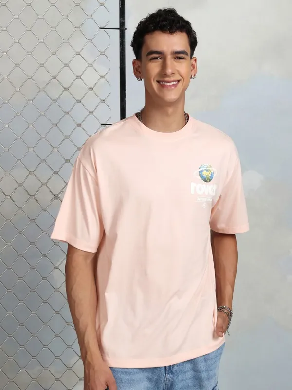 Highlander Men Peach Printed Round Neck T-Shirt