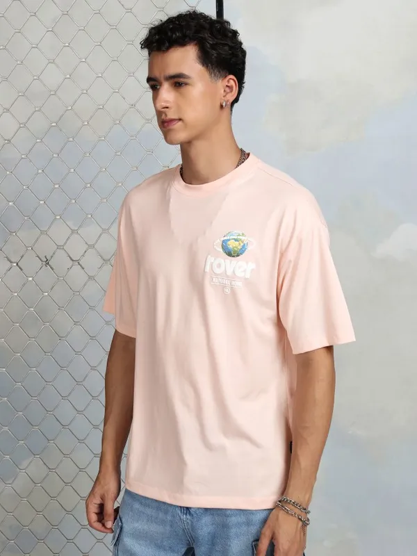 Highlander Men Peach Printed Round Neck T-Shirt
