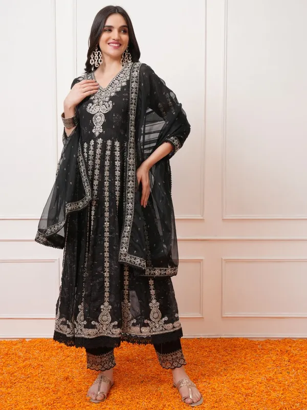 Vishudh Women Black Embroidered Kurta With Trousers And Dupatta