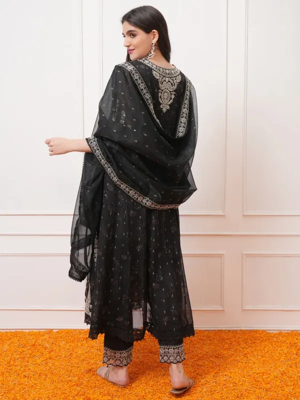 Vishudh Women Black Embroidered Kurta With Trousers And Dupatta