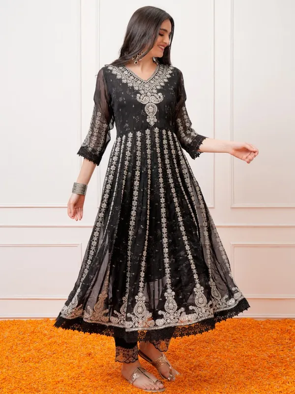 Vishudh Women Black Embroidered Kurta With Trousers And Dupatta