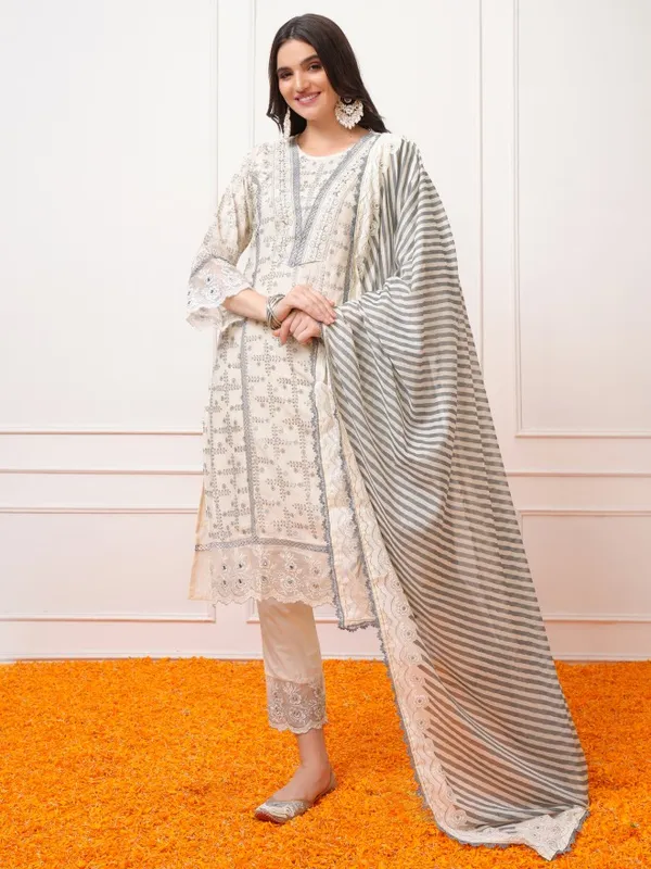 Vishudh Women Grey Embroidered Kurta With Trousers And Dupatta