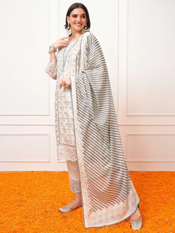 Vishudh Women Grey Embroidered Kurta With Trousers And Dupatta