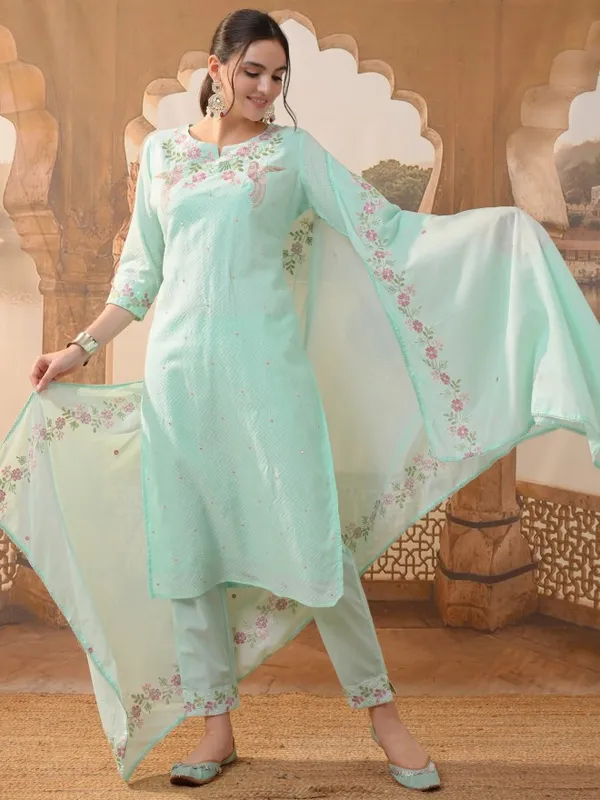 Vishudh Women Blue Embroidered Kurta With Trousers & Dupatta