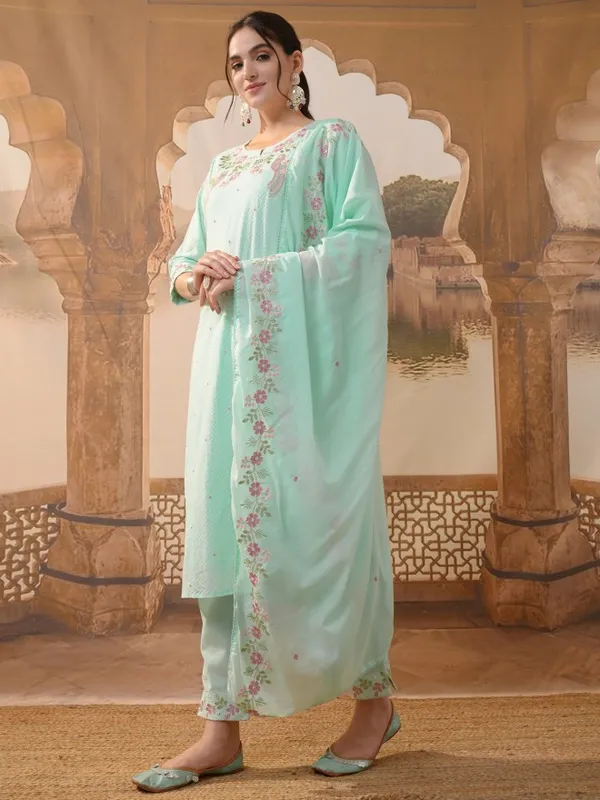 Vishudh Women Blue Embroidered Kurta With Trousers & Dupatta