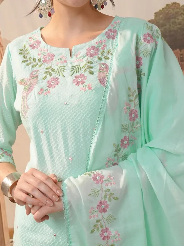 Vishudh Women Blue Embroidered Kurta With Trousers & Dupatta