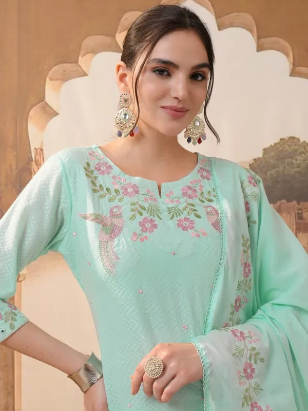 Vishudh Women Blue Embroidered Kurta With Trousers & Dupatta