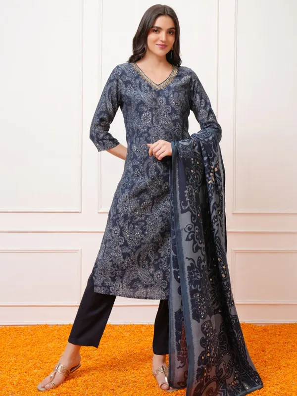 Vishudh Women Navy Blue Printed Kurta With Trousers And Dupatta