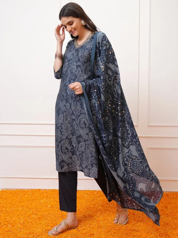 Vishudh Women Navy Blue Printed Kurta With Trousers And Dupatta