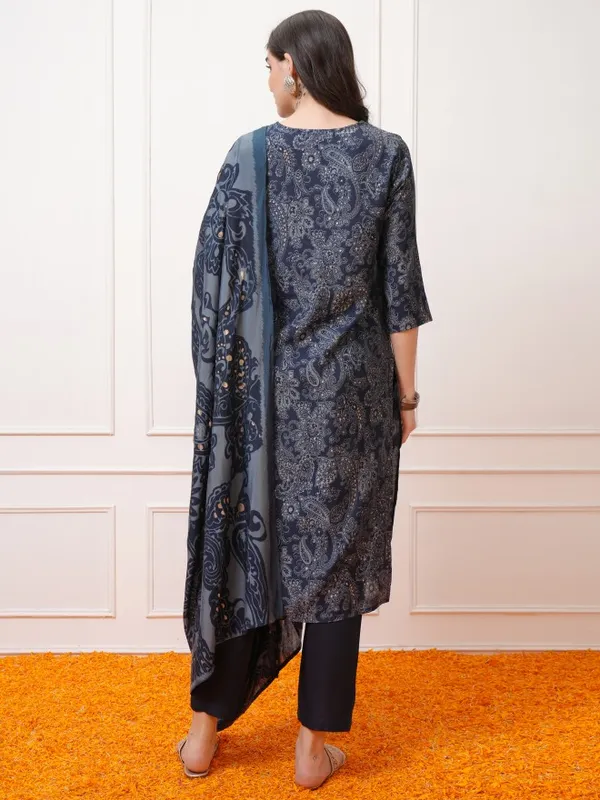Vishudh Women Navy Blue Printed Kurta With Trousers And Dupatta