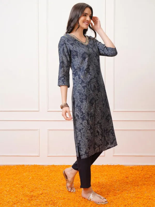 Vishudh Women Navy Blue Printed Kurta With Trousers And Dupatta