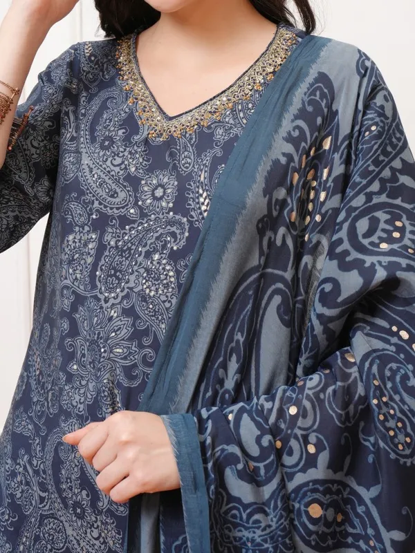 Vishudh Women Navy Blue Printed Kurta With Trousers And Dupatta