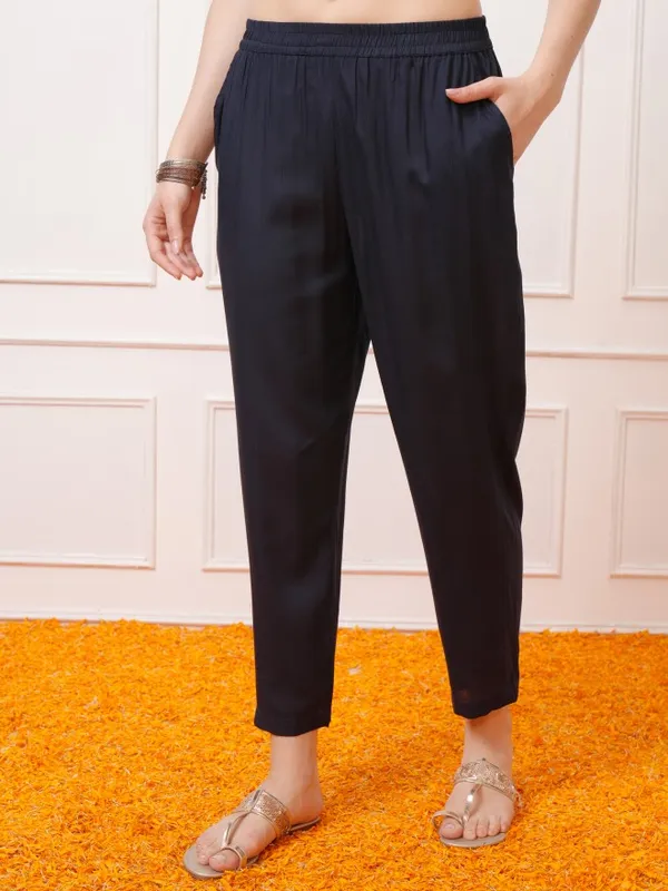 Vishudh Women Navy Blue Printed Kurta With Trousers And Dupatta