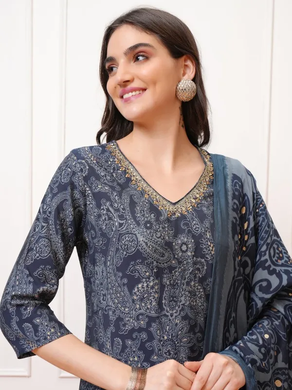 Vishudh Women Navy Blue Printed Kurta With Trousers And Dupatta