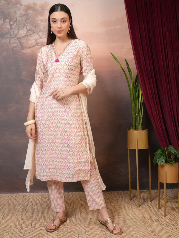 Vishudh Women Cream Printed Kurta With Trouser And Dupatta