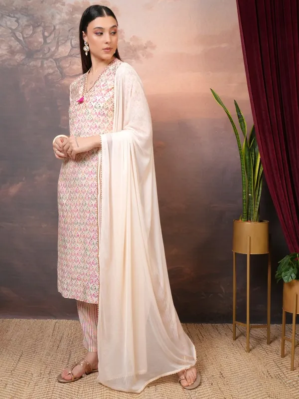 Vishudh Women Cream Printed Kurta With Trouser And Dupatta